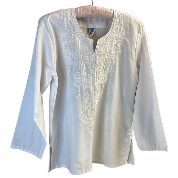 Boho Cottagecore Embroidered Peasant Style Cotton Blend White Blouse Top - Picture 2 of 8